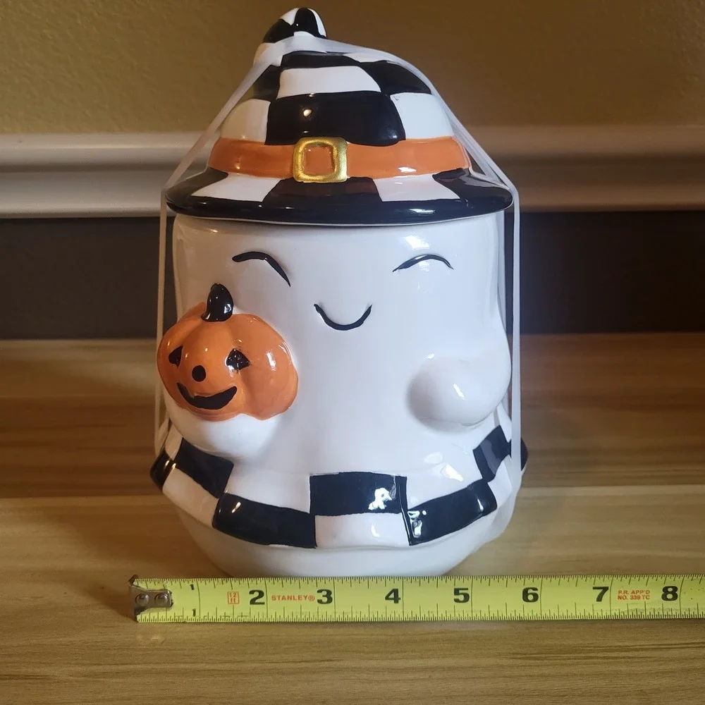 Jack O Lantern Lane Halloween Ghost Cookie Jar Pumpkin Checkerboard Ceramic NEW
